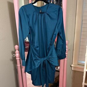 Chic Teal Long Sleeve Satin Dress